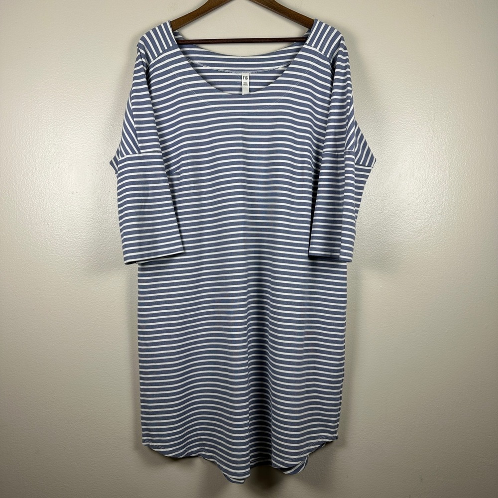 FIG Metro Women's XL T-Shirt Dress Blue White Striped 3/4 Sleeve Knit Stretch